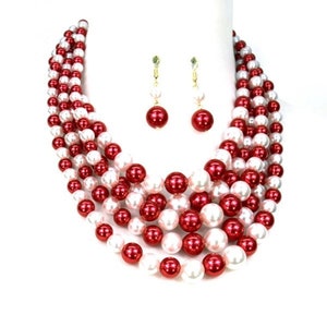 Red and White Plastic Pearl Multi Strand Necklace Set