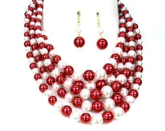 Red and White Plastic Pearl Multi Strand Necklace Set