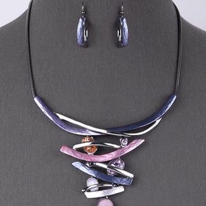 Purple Glass Statement Necklace Set, Silver Tone Bib Necklace