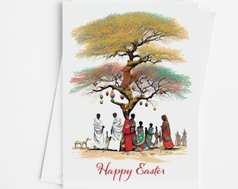 African American Easter Card.  Easter Card for Black Families.  Easter in Africa.  Beautiful tree helps village celebrate Easter.