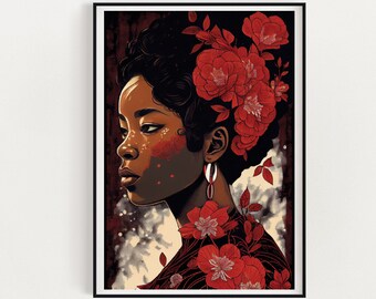 The print features an amazingly beautiful black woman in a portrait that is a homage to the magnificent Japanese illustrator Yuko Shimizu.