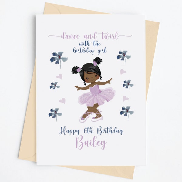 Very cute African American child celebrating her birthday.  Customizable handmade birthday card for black girl.