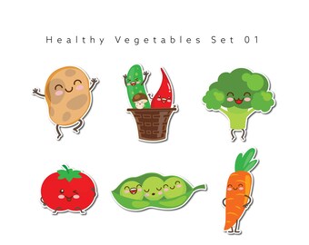 Set of cute vegetables on glossy sticker paper.  Teach your children about making healthier choices with this set of six beautiful stickers.