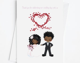 African American couple thank you for coming to their wedding.  Handmade greeting card celebrating your wedding day. Beautiful Wedding Card.