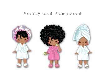 African American sticker set showing three pretty black girls getting pampered and spoiled for the day. Beautiful black girl stickers.