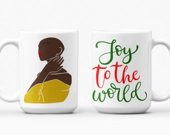 Taza afroamericana.  Taza de Navidad Joy to the World.  Celebración afroamericana de la Navidad.  Sería un gran regalo de Navidad.