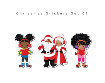 Mr. and Mrs. Claus posing with two beautiful African American girls out caroling.  Great Christmas stickers, perfect for your holiday.