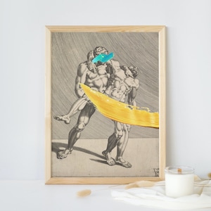 Wrestlers Netherlandish Painting | Vintage Antique Yellow & Blue Print | MET Collection Colorful Printable Instant Digital Download