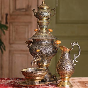 Persian Samovar Set Designed By The Art of Ghalamzani - Decorative & Handmade Brass Persian Samavar Set - Luxurious Gift For Mom