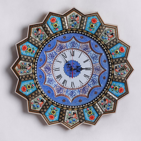 Large Wooden Wall Clock Embellished With The Persian Miniature Painting & Minakari Art | Khatam Handmade Wall Clock For Living Room