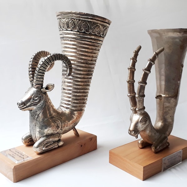 Ancient Persia | Decorative Ancient Vessels| The Replicas of The Achaemenid Period Rhytons| Silver Goat Rhyton Replicas| Achaemenid Vessels