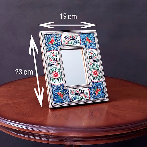 Wooden Khatam Framed Table or Wall Mirror With Persian Miniature Painting| Handmade Small Decorative Mirror | 23x19 cm Persian Mirror