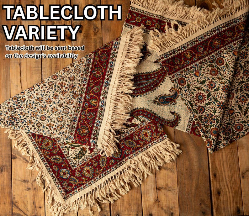 May include: Tablecloths with intricate floral and paisley patterns in red, cream, and green. The edges of the tablecloths have a fringed trim. The image includes the text "TABLECLOTH VARIETY".