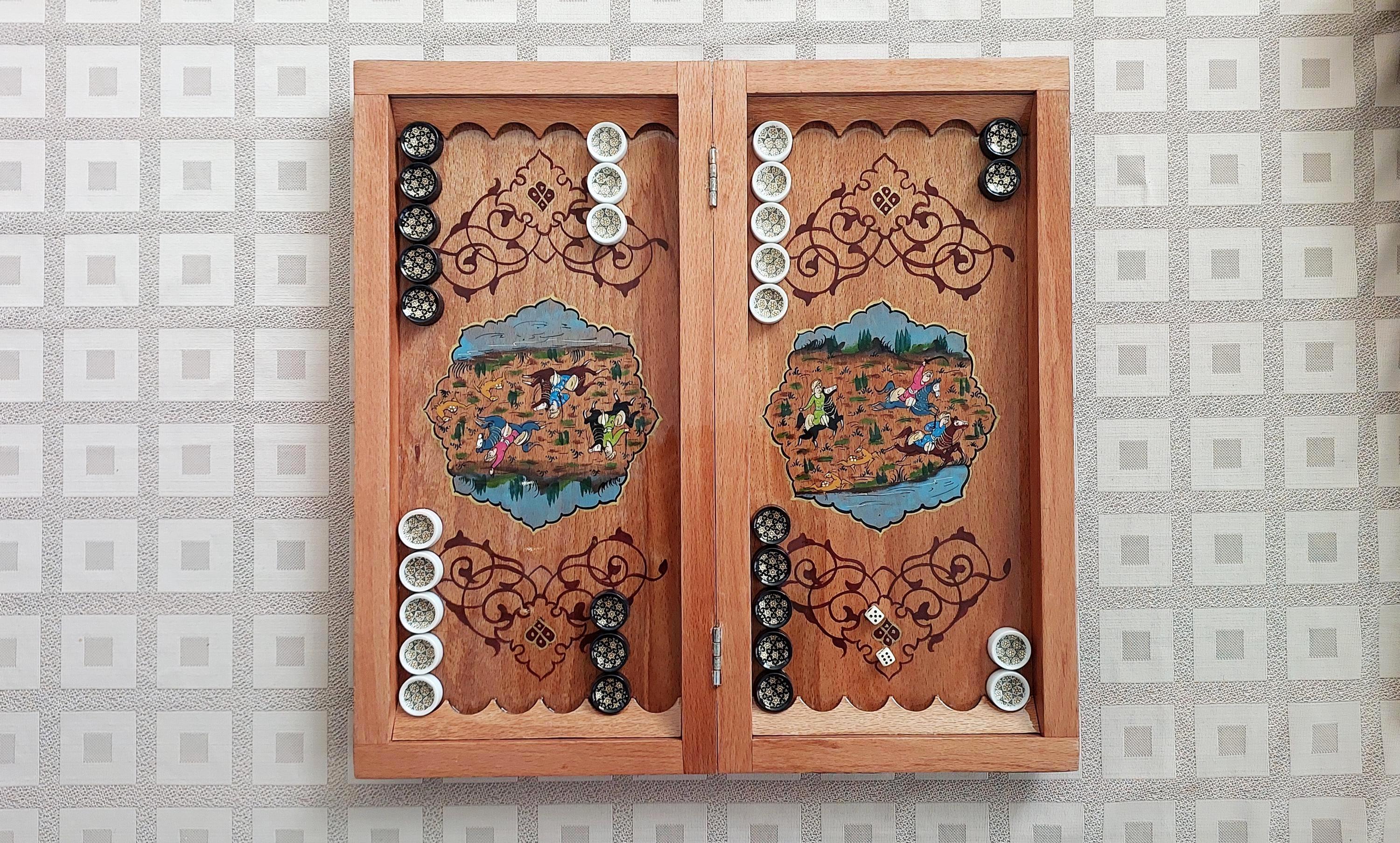 手作りペルシャ・ハタムバックギャモンチェスボード：ポロミニチュア