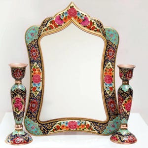 Hand-Painted Copper Mirror & Candle holder Set: Gold-Plated Persian Art