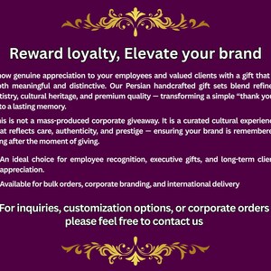 May include: A burgundy background with gold filigree and text that reads "Reward loyalty, Elevate your brand." The text describes corporate gifts, employee recognition, and bulk orders. Contact information is also provided.