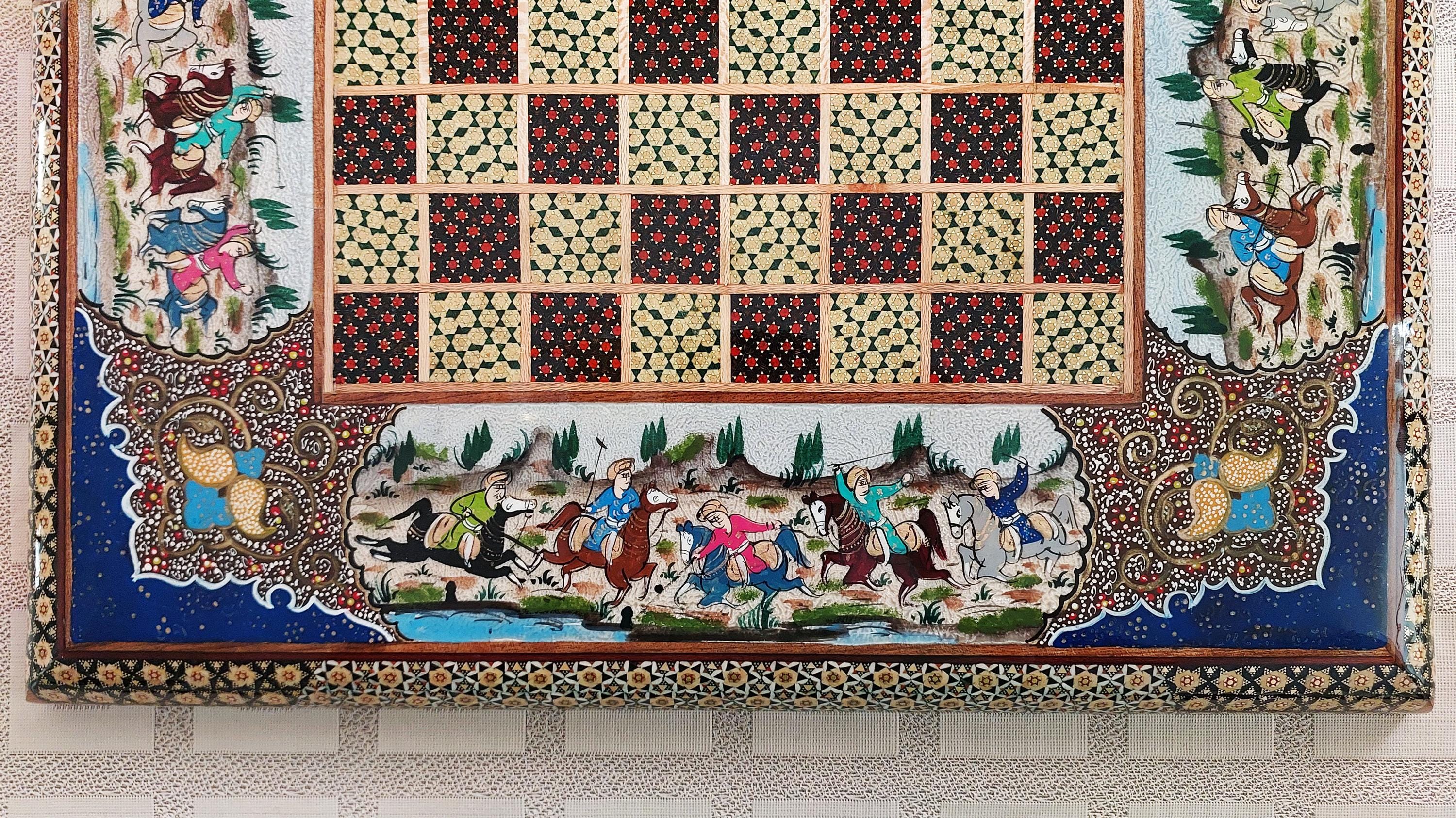 手作りペルシャ・ハタムバックギャモンチェスボード：ポロミニチュア