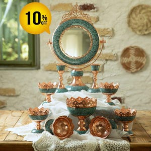 Firoozeh Koobi Haftseen Set: Persian Nowruz Table Decor, Turquoise Inlay Copper Home Decororation