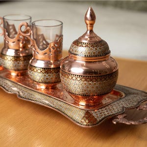 Handmade Copper Persian Tea Set: Khatam Inlay Tray, Glasses & Candy Bowl