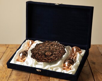 Conjunto de Presente Persa em Cobre Gravado | Prato Persa “Almas Tarash” para Decoração de Parede e Vasos de Flores
