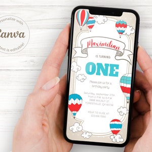 Convite de aniversário de balão de ar quente para menino, convites de primeiro aniversário, convites de aniversário de um ano para menino
