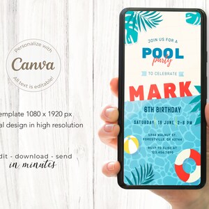 Pool Party Invitation, Birthday Invitation, Editable Electronic Digital Invite, Birthday Celebration, Digital