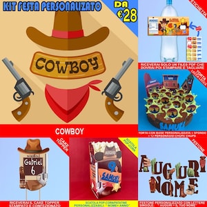 Kit Festa Personalizzato: COWBOY, festone personalizzato, scatole popcorn, torta lecca lecca, gadget per compleanno...