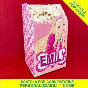 5 Scatole Popcorn Patatine tema BARBIE Personalizzate con Nome e Anno