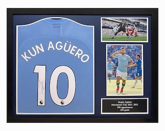 Sergio Aguero Signed and Framed Manchester City Shirt with COA & photo proof