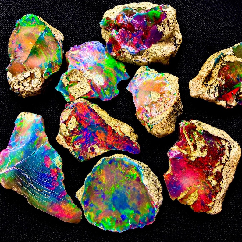 May include: A collection of nine raw opal specimens featuring vibrant flashes of red, green, blue, and purple color play. Each stone displays a rough, textured, tan-colored matrix surrounding the polished, iridescent, and multi-colored gemstone surface.