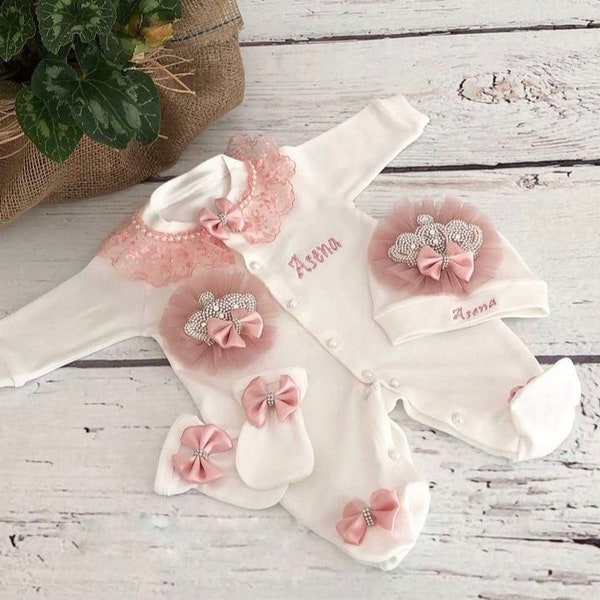 Vêtements de bébé personnalisés-Tenue de bébé nouveau-né-Coming Home Outfit Set-Crown Outfit-Christening Outfit-Babyshower Gift-Baptism Clothes-