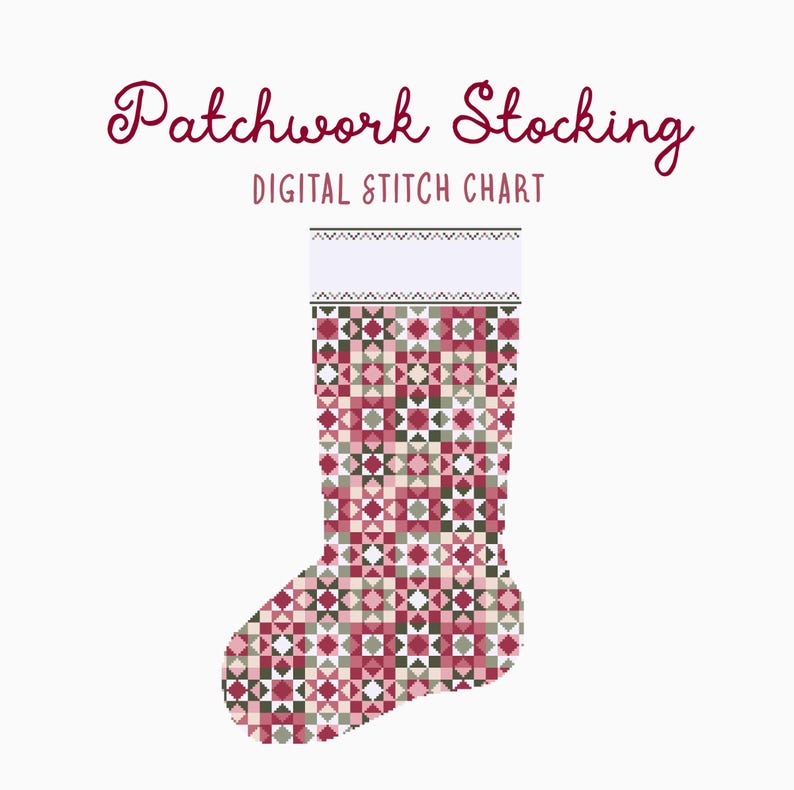 Meias de Natal inspiradas em patchwork, ponto cruz/padrão de bordado | Artesanato natalino sazonal de herança imagem 1