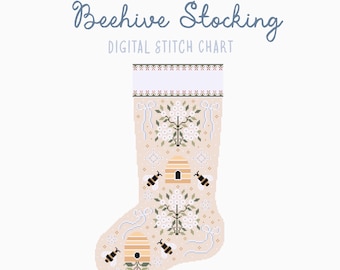 Beehive Christmas Stocking Cross Stitch/Needlepoint Pattern | Heirloom Holiday Seasonal Christmas Craft