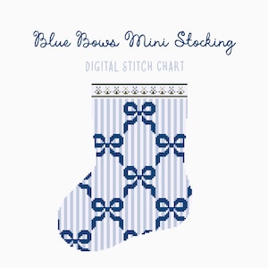 Petit bas de Noël bleu à rayures et noeuds, motif point de croix/point d'aiguille | Artisanat de Noël de saison des Fêtes