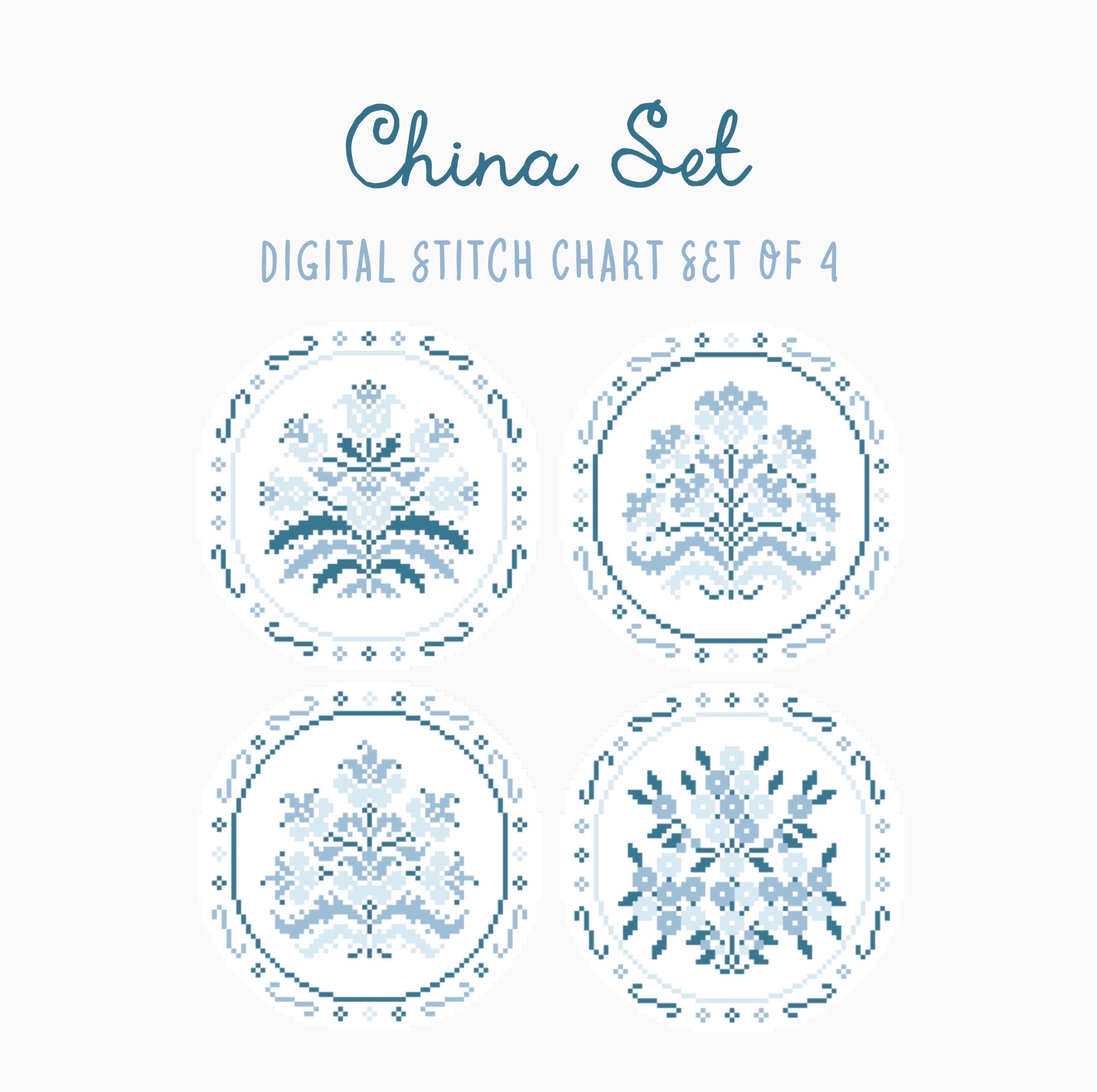 Blue China Plates Set of 4 Stitch Chart | Needlepoint & Cross Stitch ...