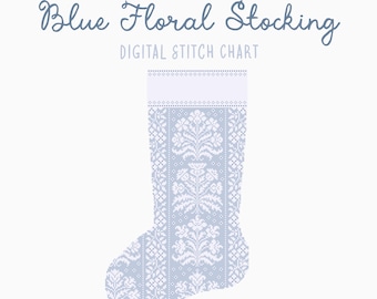 Blue Floral Christmas Stocking Cross Stitch/Needlepoint Pattern | Heirloom Holiday Seasonal Christmas Craft | Blue 1
