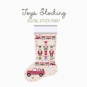 Patrón de punto de cruz/bordado de medias navideñas con juguetes navideños / Manualidad navideña de temporada con reliquias