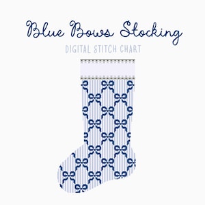 Blue Bows and Stripes Christmas Stocking Cross Stitch/Needlepoint Pattern | Heirloom Holiday Seasonal Christmas Craft