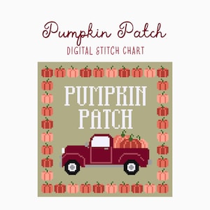 May include: A digital stitch chart with a pixelated design. The image features a burgundy pickup truck filled with pumpkins, surrounded by a border of pumpkins. The words "Pumpkin Patch" are displayed in a decorative font.