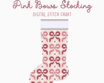Pink Bows Christmas Stocking Cross Stitch/Needlepoint Pattern | Heirloom Holiday Seasonal Christmas Craft