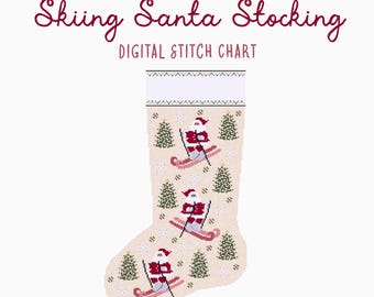 Meia de Natal com Papai Noel Esquiando em Ponto Cruz/Bordado | Artesanato Sazonal de Natal com Herança