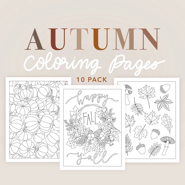 Autumn Themed Coloring Pages Pack of 10 | Digital Download Coloring Pages | Fall Coloring Pages