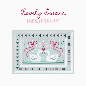 May include: A digital stitch chart titled "Lovely Swans." The design features two white swans facing each other, with pink bows and hearts. The background is a light blue with a dotted pattern, and the border is a mix of pink and green.
