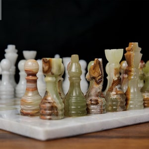 Vintage Chess Pieces Set Handmade, Chess pieces only for 12" and 16"  chess set, Best gifts for Boyfriend, Green Onyx and white