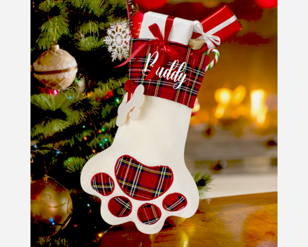 Custom Pet Paw Christmas Stocking, Custom Pet Name Text Christmas