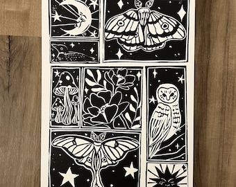 Skurriler Linoldruck | 15 x 24 cm Kunstdruck | Druckgrafik | Handarbeit | im Cottagecore Design