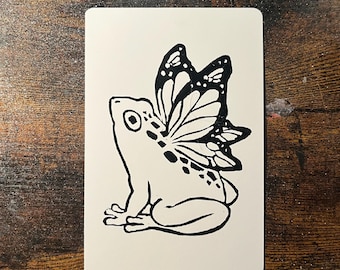 Magischer Frosch Linoldruck | 4 x 6 Mini-Druck | Druckgrafik | Handarbeit | Wunderlicher Fantasy Frosch