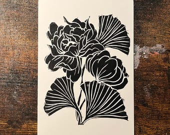 Ginkgos & Pfingstrosen Linoldruck | 4 x 6 Mini-Druck | Druckgrafik | Handarbeit | Florales Design