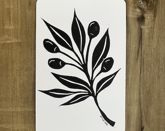 Ein Olivenzweig Linoldruck | 4 x 6 Mini-Druck | Druckgrafik | Handarbeit | Florales Design