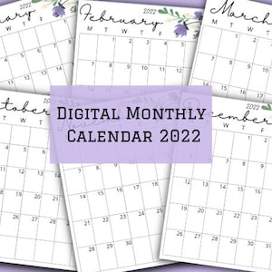 Calendario mensual IMPRIMIBLE 2022 / Calendario imprimible en blanco / Fácil de usar, Calendario de acceso instantáneo / 2 tamaños (A4 y tamaño carta de EE. UU.)